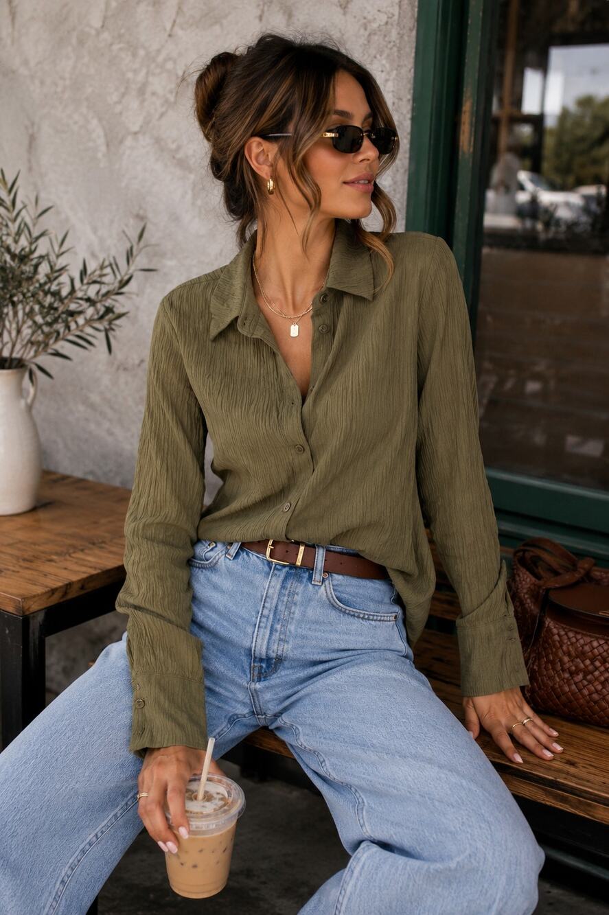 Bershka Olive Green Crinkle Button Front Long Sleeve Blouse Size Small